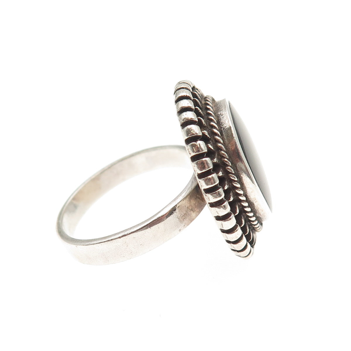 925 Sterling Silver Vintage Real Black Onyx Modernist Oxidized Ring Size 8.75