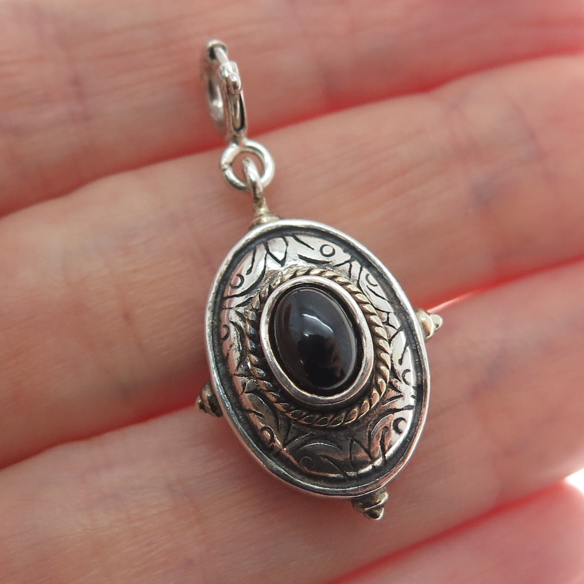 925 Sterling Silver Vintage Black Onyx Oxidized Spring Ring Clasp Charm Pendant