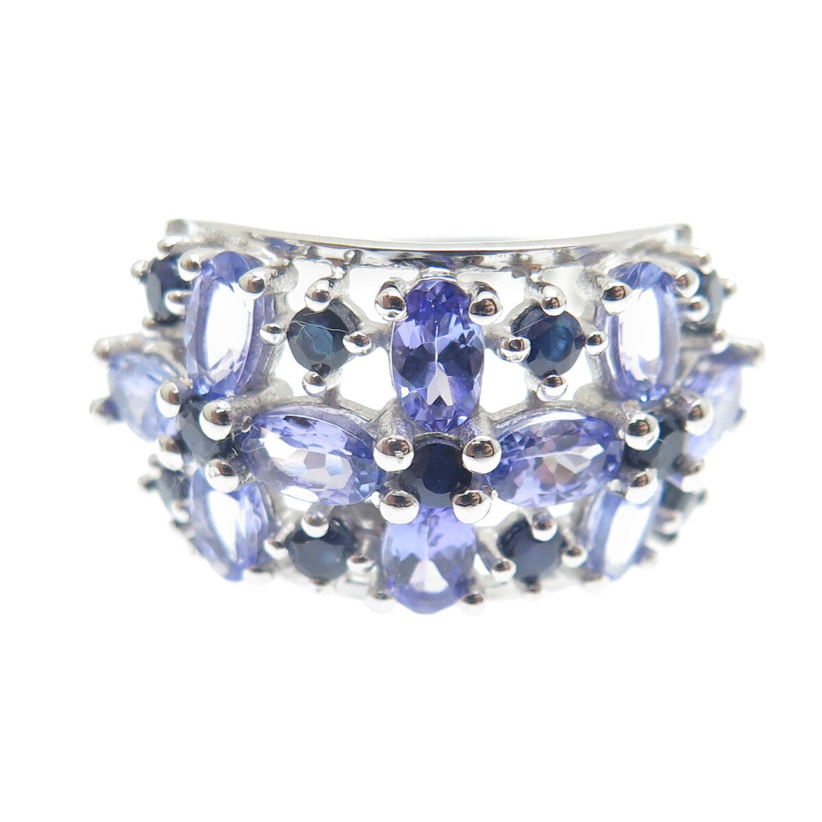 DSMK 925 Sterling Silver Tanzanite & Sapphire Gem Floral Cluster Ring Size 7