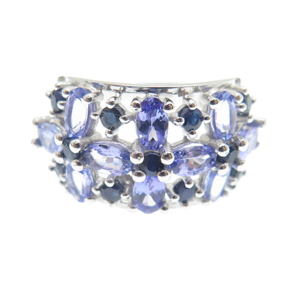 DSMK 925 Sterling Silver Tanzanite & Sapphire Gem Floral Cluster Ring Size 7