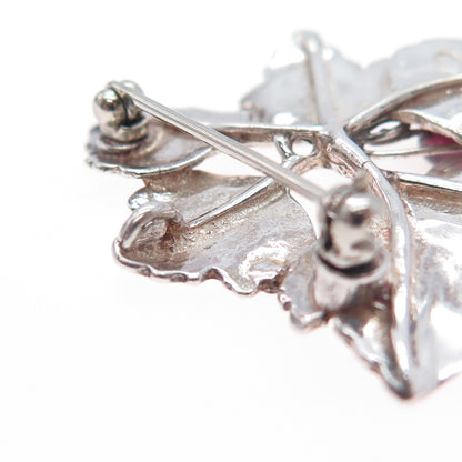 925 Sterling Silver Vintage 1986 Real Rhodolite Modernist Floral Pin Brooch