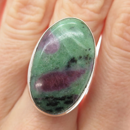925 Sterling Silver Vintage Real Cabochon Zoisite Ruby Modernist Ring Size 5.25