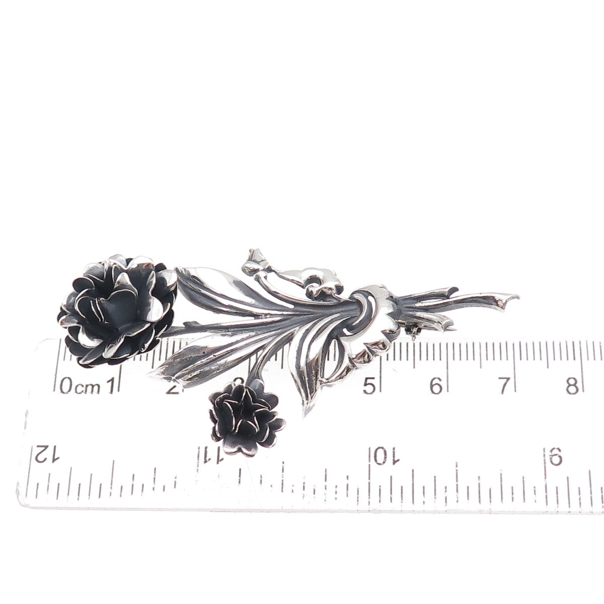 Lang 925 Sterling Silver Antique Art Deco Floral Oxidized Pin Brooch