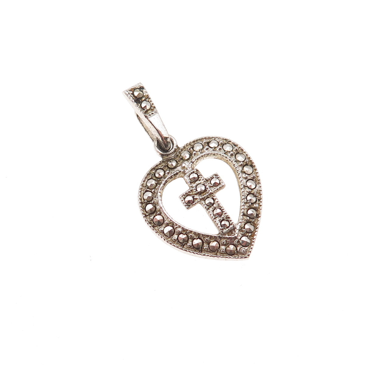 Theda Sterling Silver Antique Art Deco Real Marcasite Cross Heart Charm Pendant