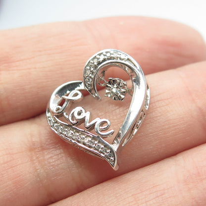 925 Sterling Silver Real Round-Cut White Diamond "LOVE" Heart Pendant