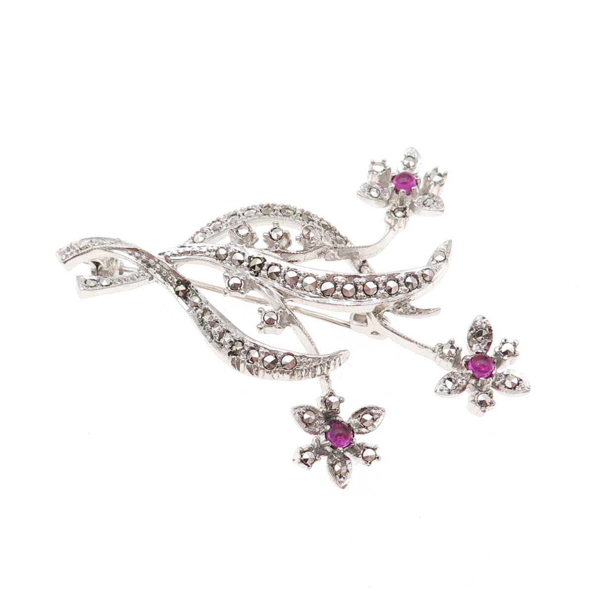 835 Silver Antique Art Deco Lab-Created Ruby & Real Marcasite Floral Pin Brooch