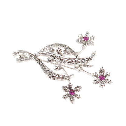 835 Silver Antique Art Deco Lab-Created Ruby & Real Marcasite Floral Pin Brooch