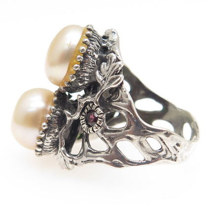 925 Sterling Silver Vintage Real Pearl Red Garnet & Peridot Ring Size 8.25