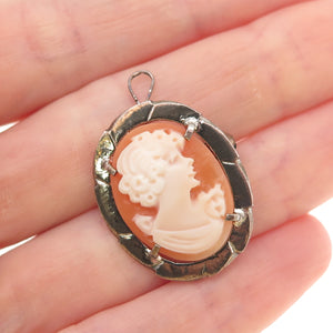 800 Silver Vintage Real MOP Carved Lady Cameo Pin Brooch / Pendant