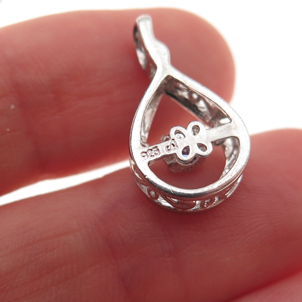 925 Sterling Silver Lab-Created Round-Cut Sapphire Teardrop Charm Pendant
