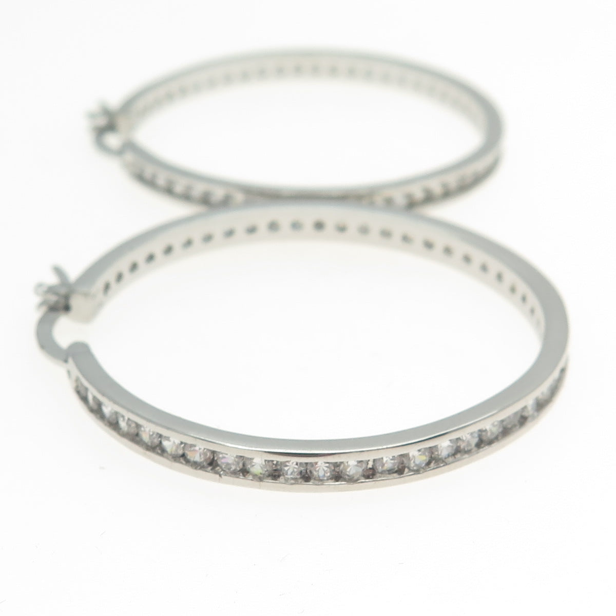 925 Sterling Silver Round-Cut All Around C Z Hoop Earrings