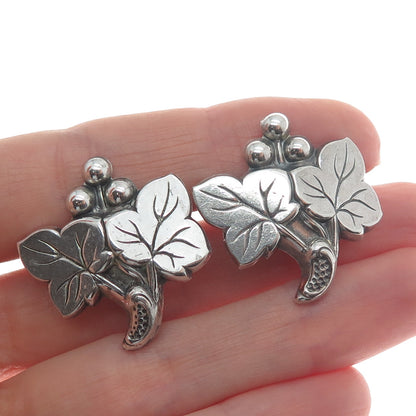 925 Sterling Silver Vintage Grape & Leaf Repopusse Screw Back Earrings
