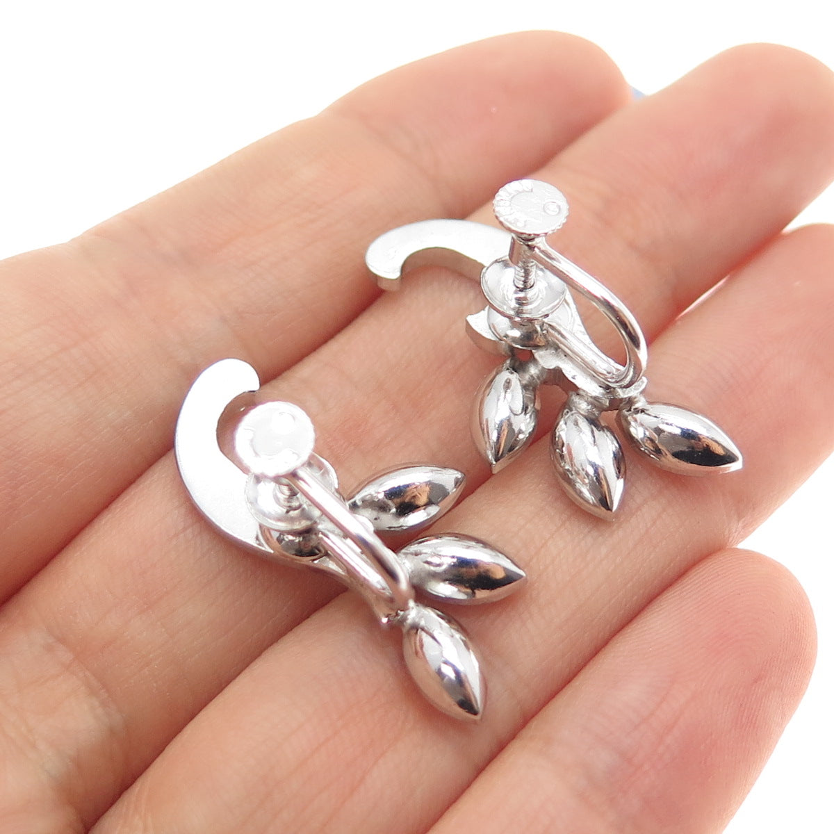 925 Sterling Silver Antique Art Deco Blue & White Rhinestone Screw Back Earrings