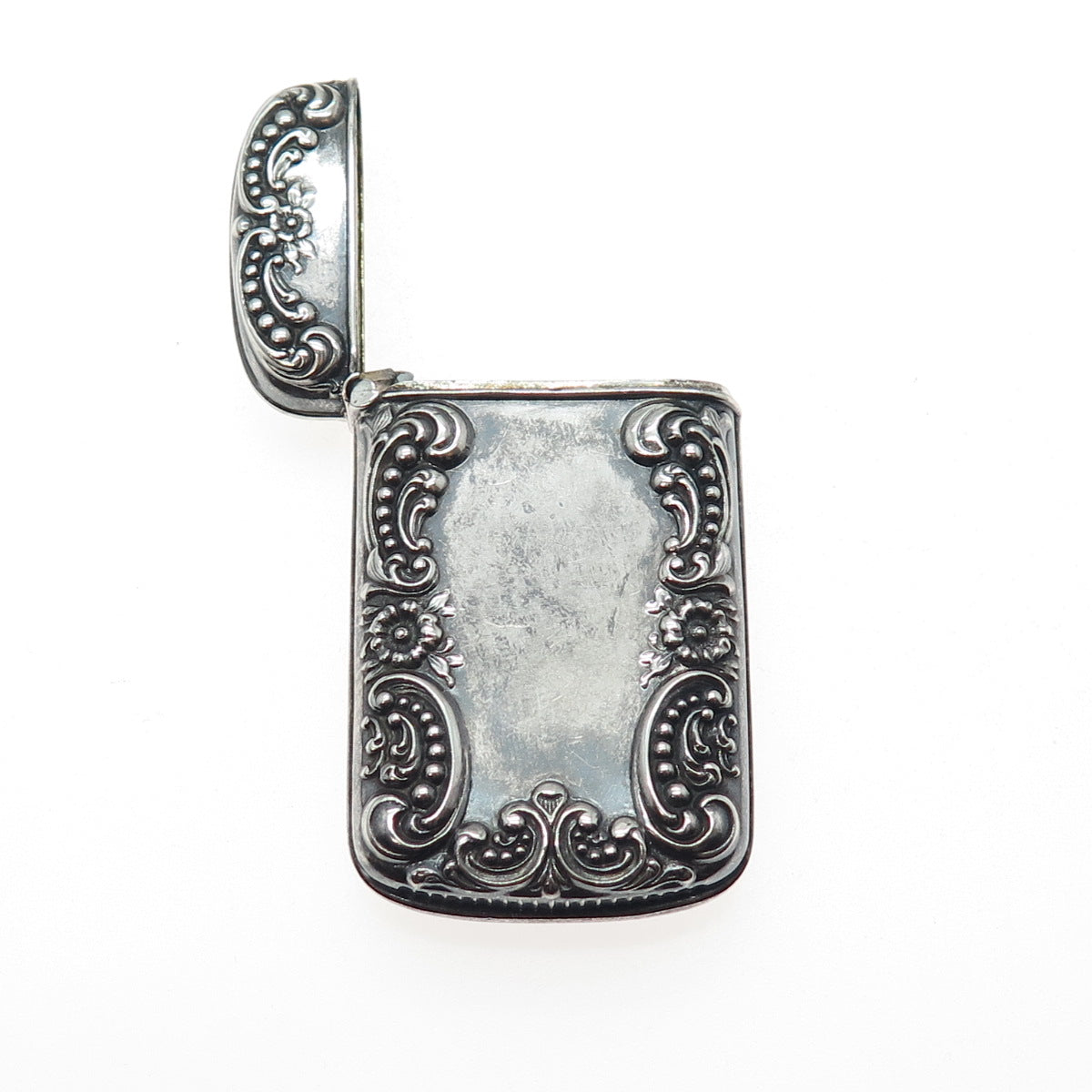 925 Sterling Silver Antique Art Deco Floral Repousse Oxidized Vesta Match Case