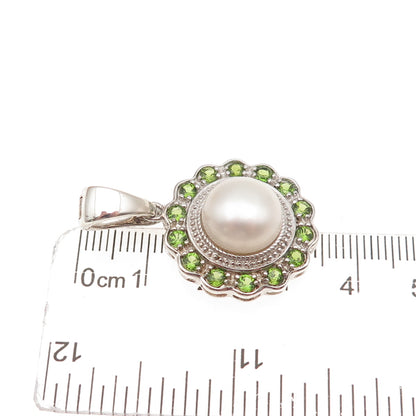 925 Sterling Silver Real Pearl & Round-Cut Peridot Charm Pendant