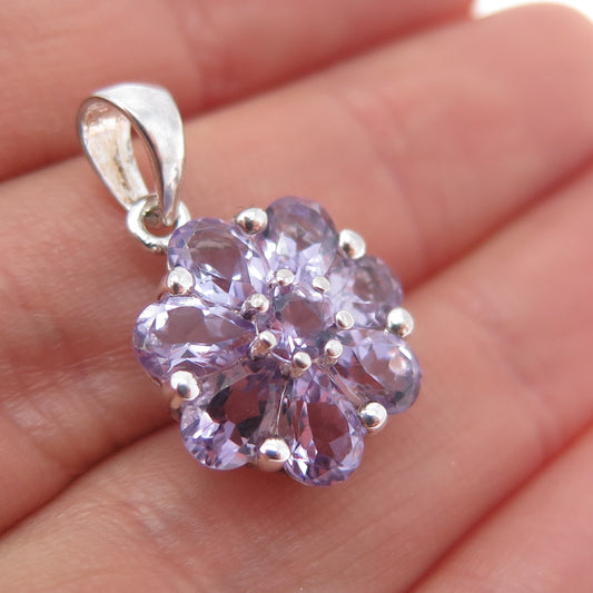 925 Sterling Silver Vintage Real Amethyst Flower Mini Charm Pendant