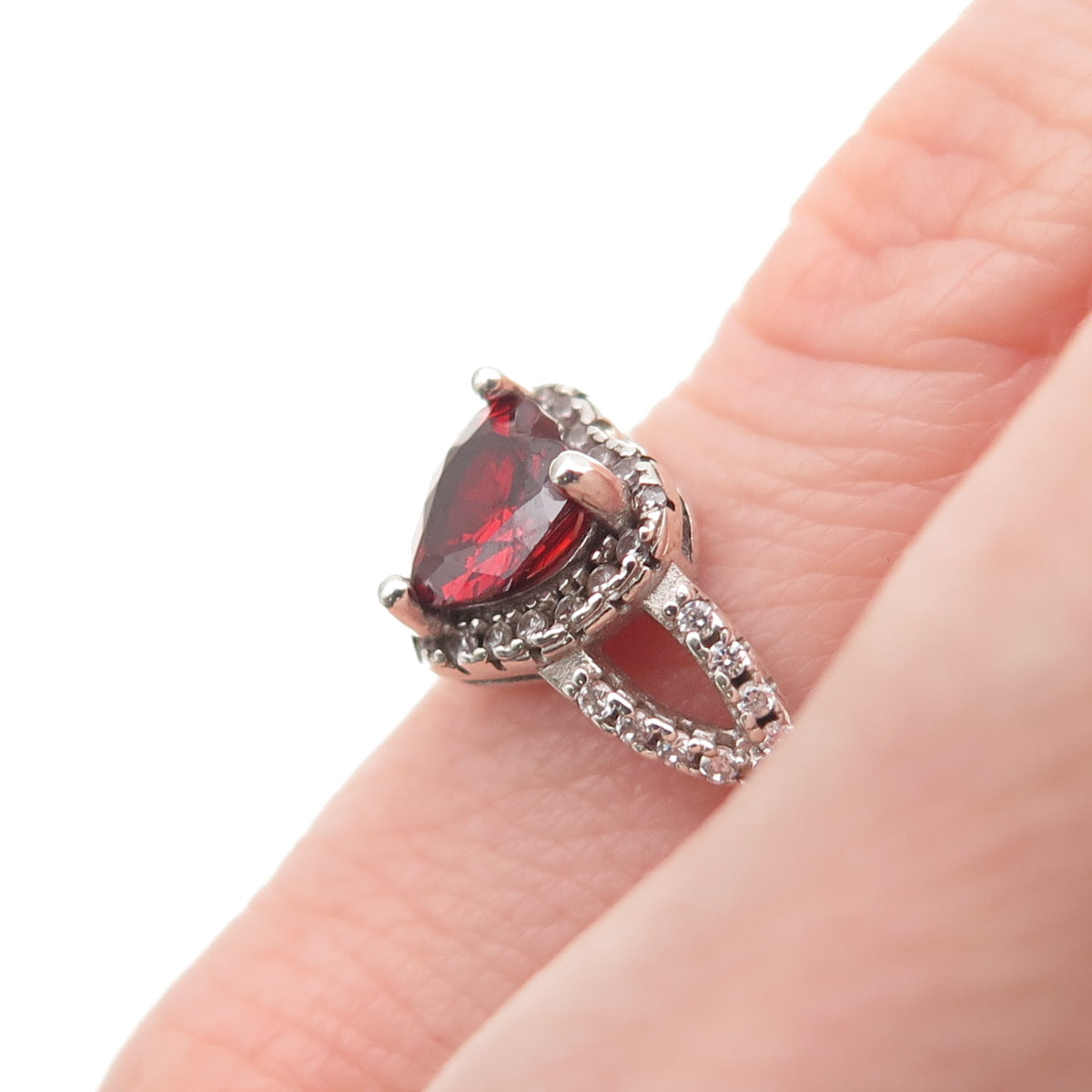 925 Sterling Silver Real Heart-Cut Red Garnet & Round-Cut C Z Ring Size 3.75