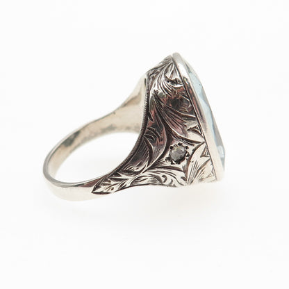 925 Sterling Antique Art Deco Real Diamond & Aquamarine Oxidized Ring Size 6.5