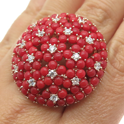 925 Sterling Silver Rose Gold Plated Coral & C Z Dome Statement Ring Size 7.25