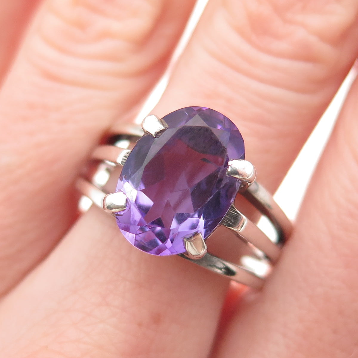 925 Sterling Silver Vintage Real Amethyst Modernist Oxidized Ring Size 9.5