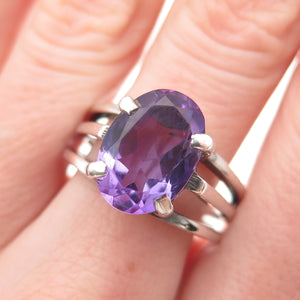 925 Sterling Silver Vintage Real Amethyst Modernist Oxidized Ring Size 9.5