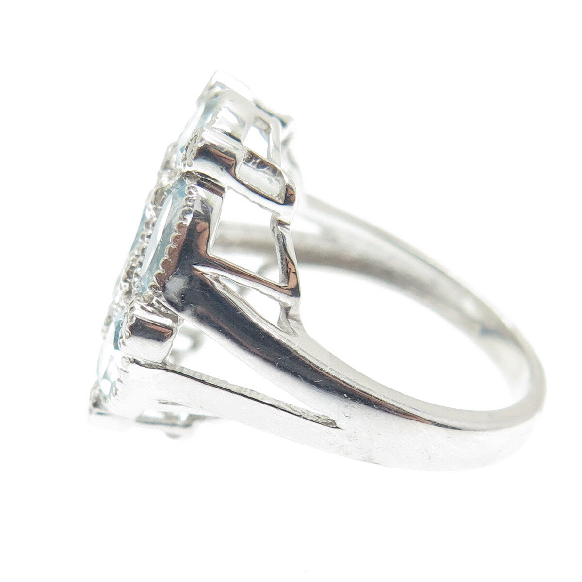925 Sterling Silver Real White & Blue Sapphire Cluster Ring Size 7