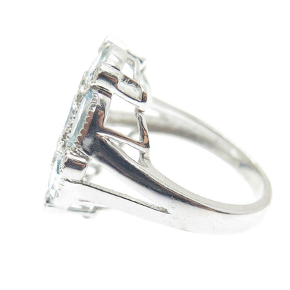 925 Sterling Silver Real White & Blue Sapphire Cluster Ring Size 7