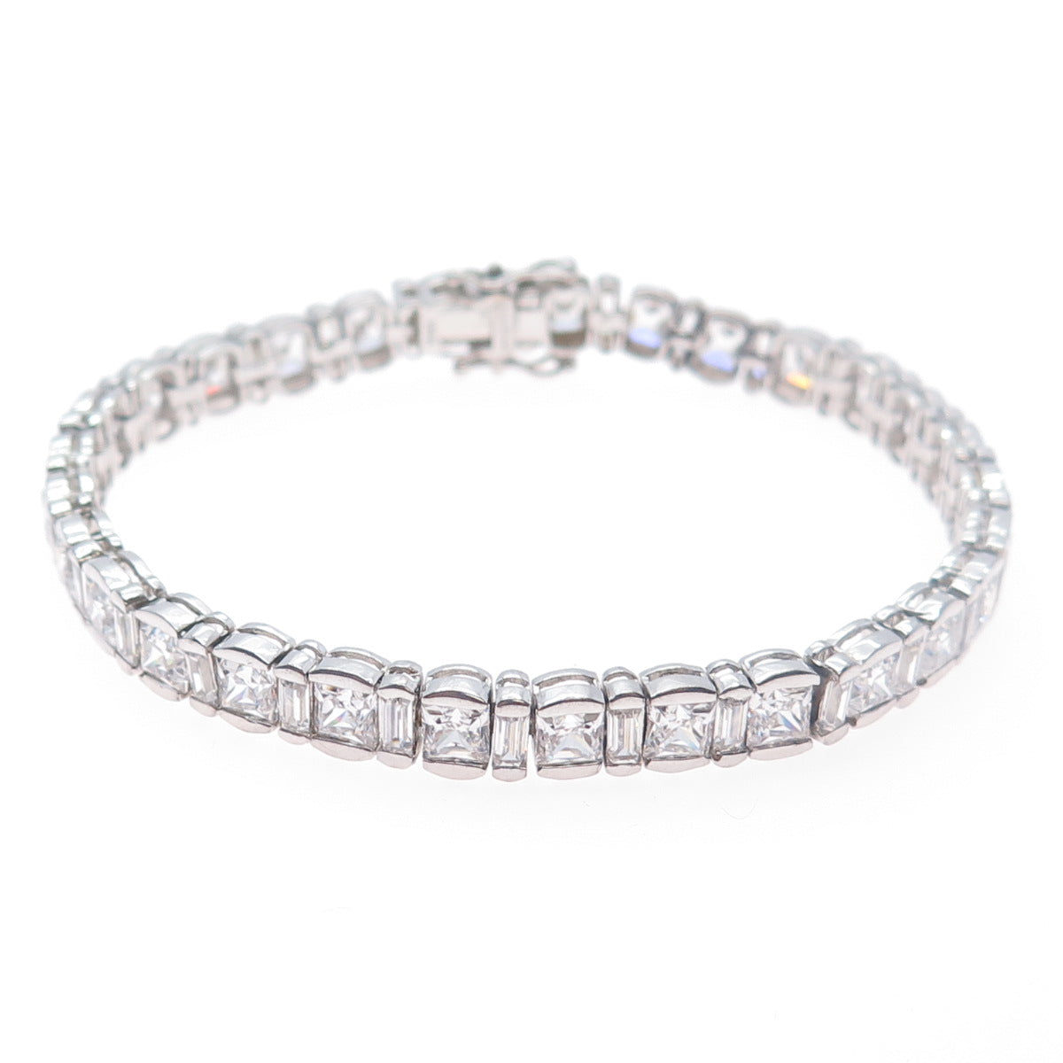 MEDA 925 Sterling Silver Princess & Baguette-Cut C Z Tennis Link Bracelet 7.5"