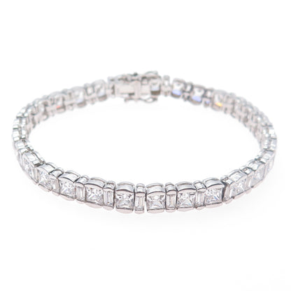 MEDA 925 Sterling Silver Princess & Baguette-Cut C Z Tennis Link Bracelet 7.5"