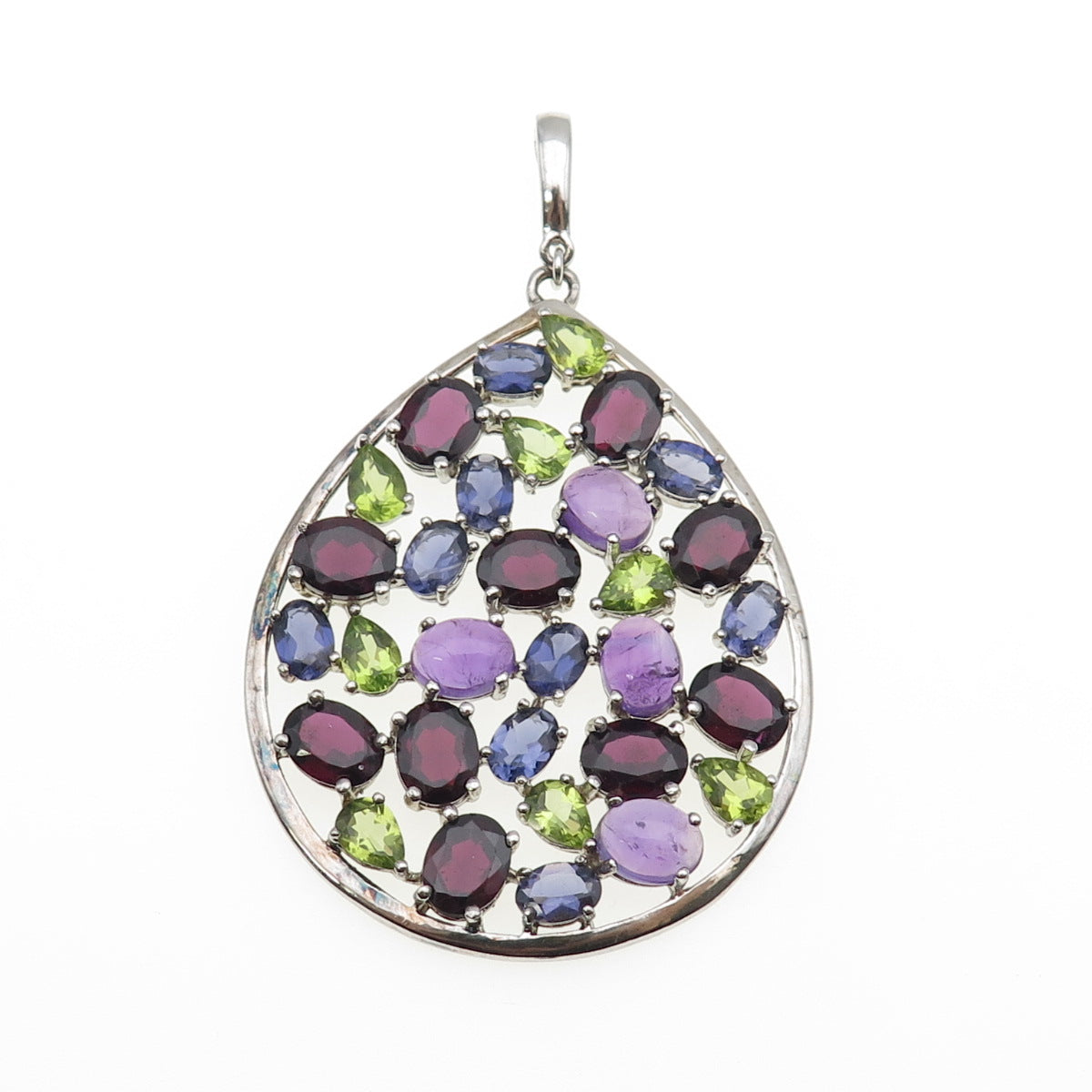 925 Sterling Silver Real Amethyst Iolite & Peridot Cluster Teardrop Pendant