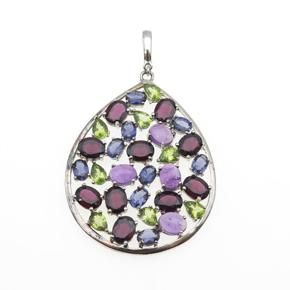 925 Sterling Silver Real Amethyst Iolite & Peridot Cluster Teardrop Pendant