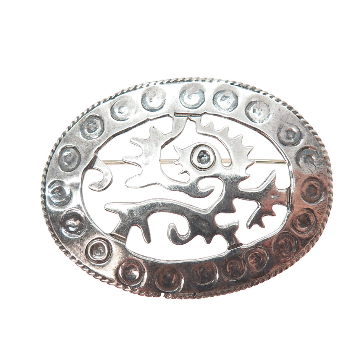 925 Sterling Silver Vintage Mexico Aztec God Quetzalcoatl Oxidized Pin Brooch
