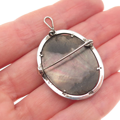 900 Silver Antique Real MOP & Marcasite Lady Cameo Pin Pendant (missing 1 stone)