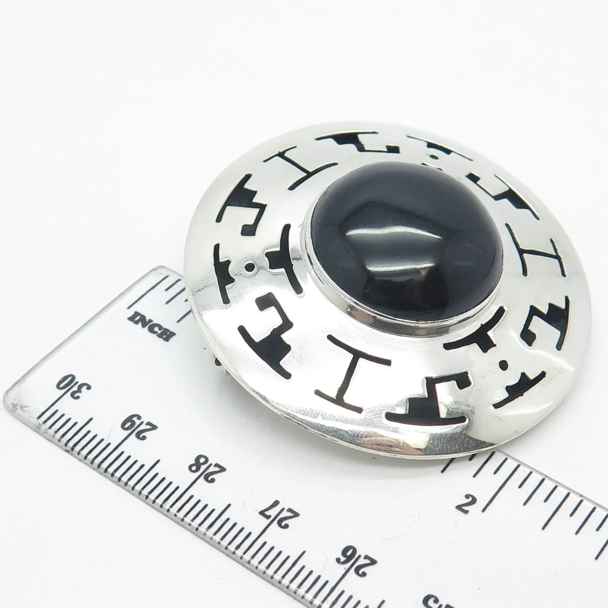925 Sterling Silver Vintage Mexico Real Black Onyx Gem Maze Pin Brooch / Pendant