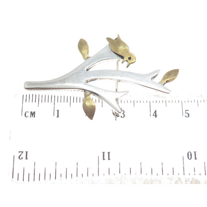 925 Sterling Silver 2-Tone Vintage Mexico Bird on the Tree Pin Brooch