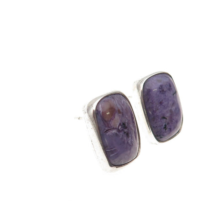 925 Sterling Silver Vintage Real Cabochon Charoite Modernist Earrings