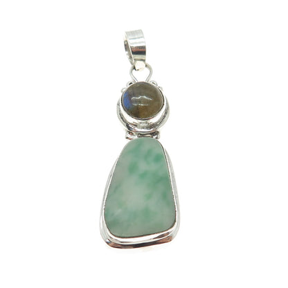 925 Sterling Silver Vintage Real Jade & Labradorite Gemstone Amulet Pendant