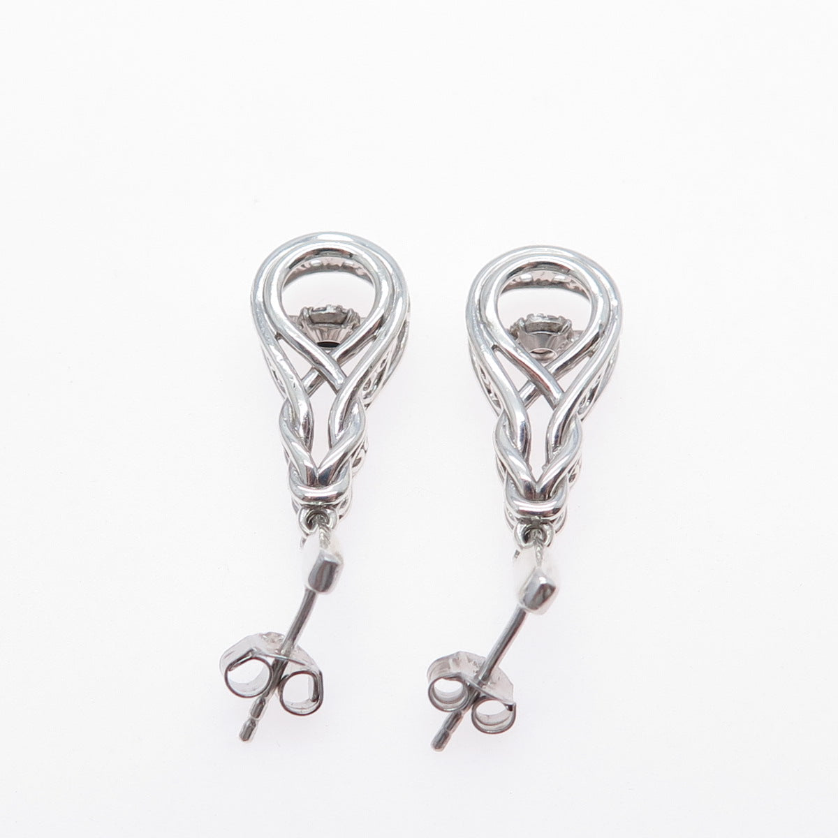 925 Sterling Silver Real Round-Cut Diamond Knot Dangle Earrings