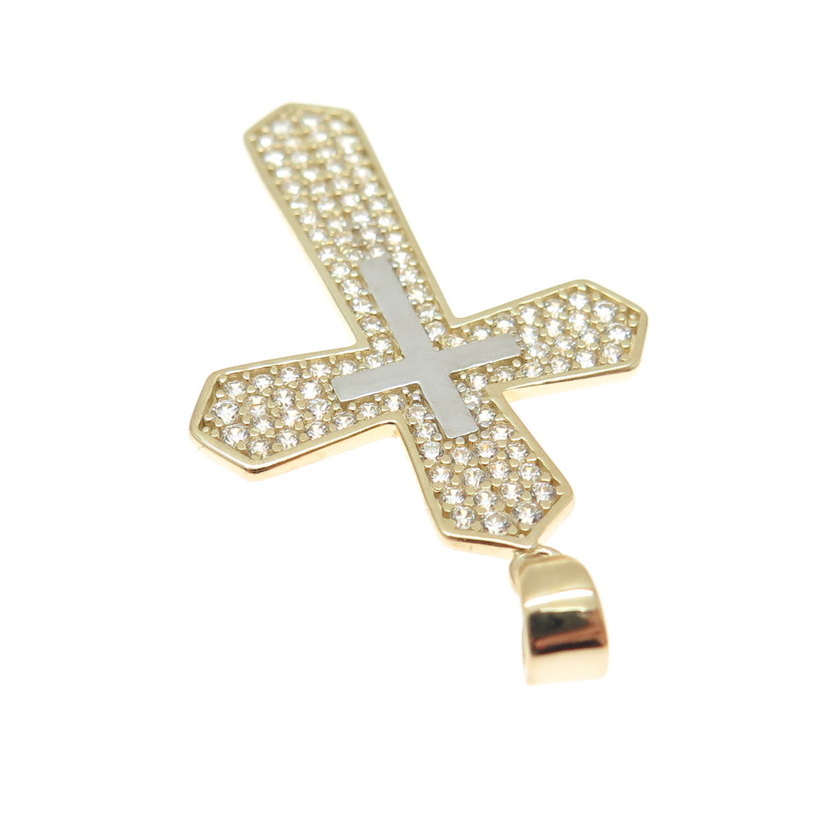 14K Yellow Gold Round-Cut C Z Cross Religious Charm Pendant