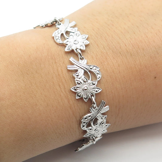 925 Sterling Silver Vintage Real Marcasite Gemstone Floral Bracelet 6.5"