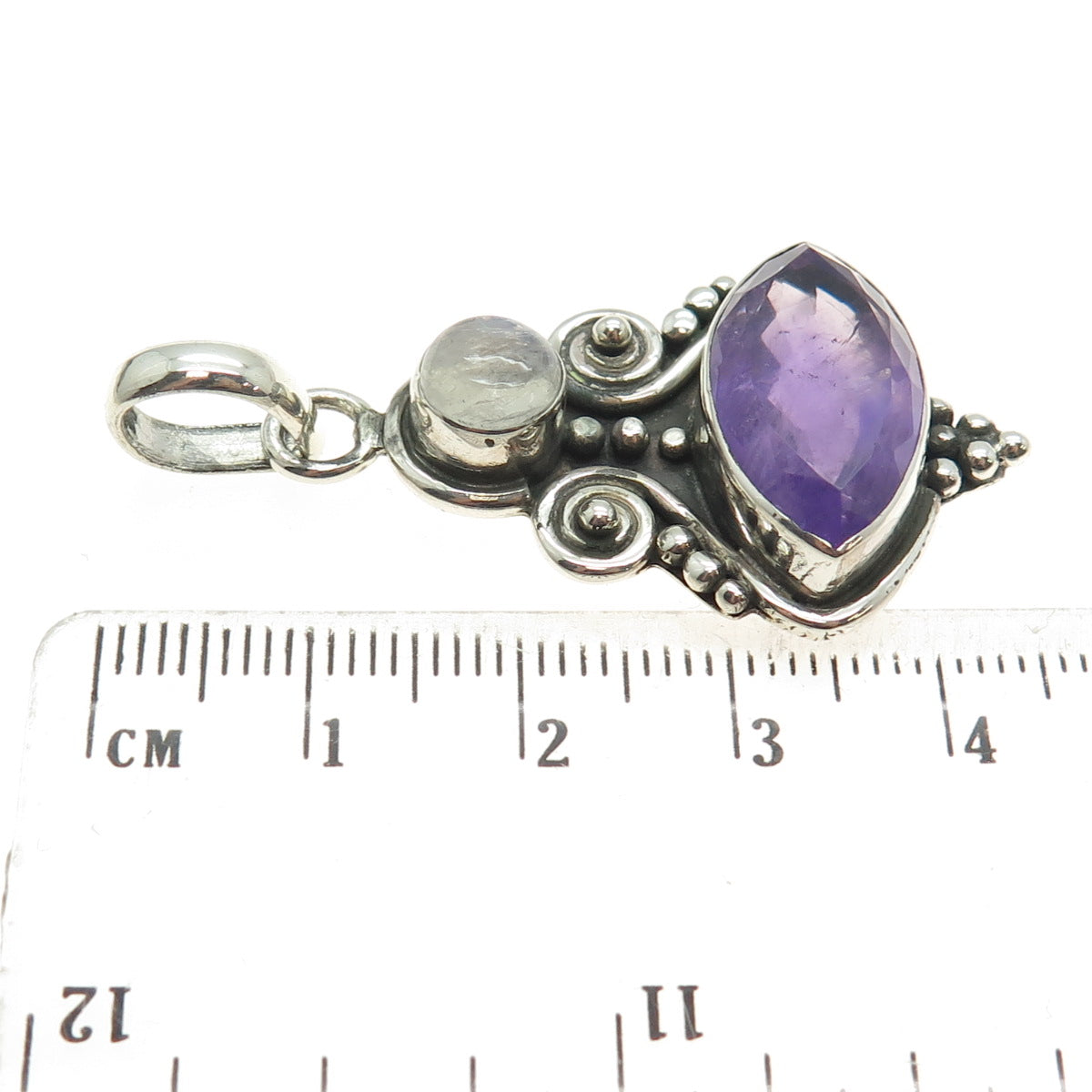 925 Sterling Silver Vintage Real Amethyst & Moonstone Gem Boho/Ethnic Pendant