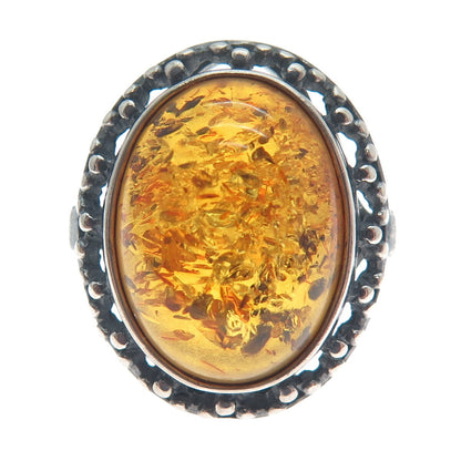 925 Sterling Silver Vintage Poland Real Baltic Amber Modernist Ring Size 8.25