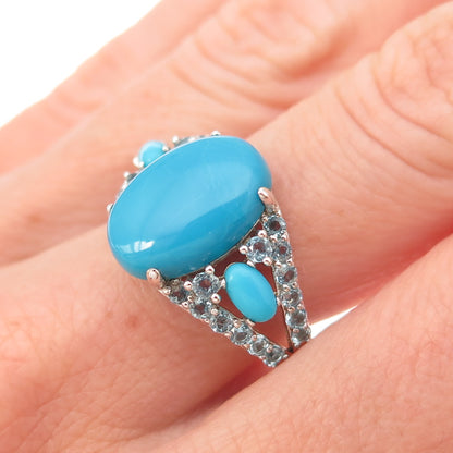 925 Sterling Silver Real Sleeping Beauty Turquoise & Blue Topaz Ring Size 8