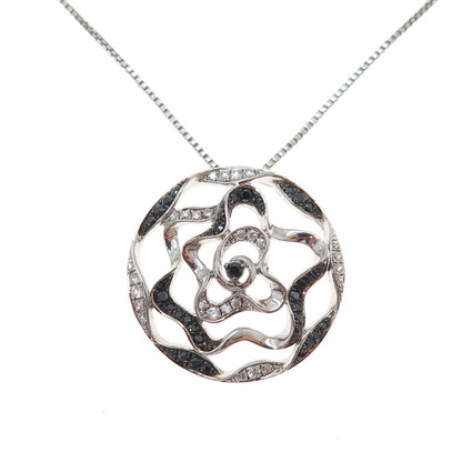 SAI 925 Sterling Silver Black & White C Z Flower Pendant Box Chain Necklace 18"
