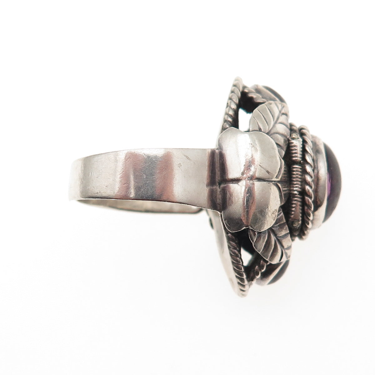 925 Sterling Silver Vintage Mexico Real Amethyst Adjustable Poison Ring Size 7.5