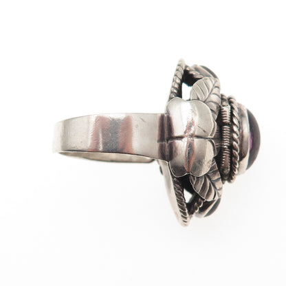 925 Sterling Silver Vintage Mexico Real Amethyst Adjustable Poison Ring Size 7.5