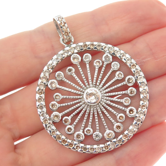 925 Sterling Silver Round-Cut Champagne C Z Flower Circle Pendant