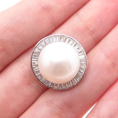 925 Sterling Silver Real Pearl & Tapered Baguette-Cut C Z Slide Mini Pendant