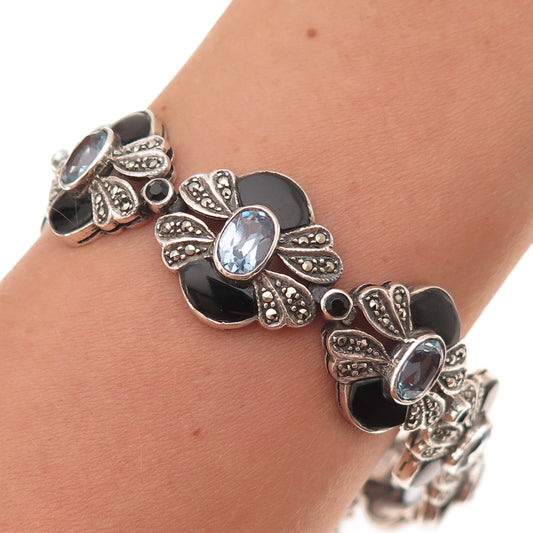 925 Sterling Vintage Real Blue Topaz Marcasite Black Onyx & Spinel Bracelet 6.5"