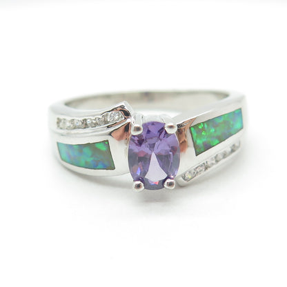 925 Sterling Silver Vintage Real Amethyst Opal & C Z Bypass Ring Size 9.25